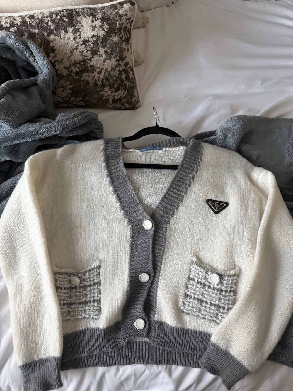 Prada Cream and Gray V‑Neck Button Cardigan